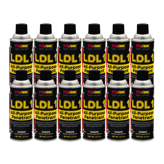 12 cans of Tripak LDL 1 All-Purpose Penetrant on a white background