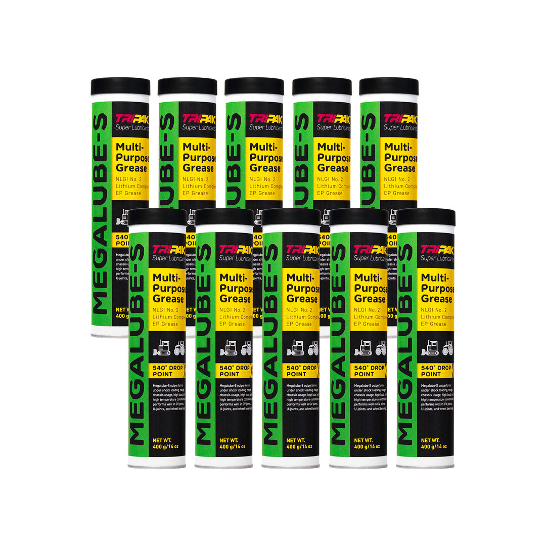 10 tubes of Megalube-S multi-purpose grease on a white background